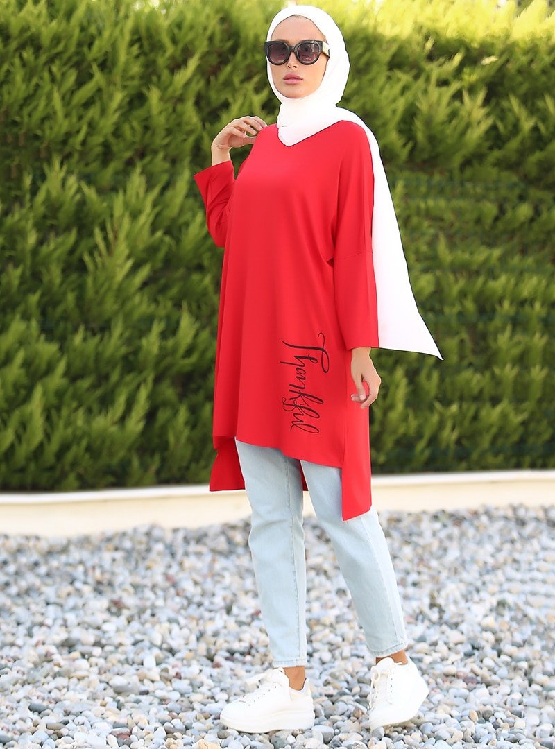 Lazeyn Kırmızı Sol Eteği Baskılı Arkası Uzun Tunik