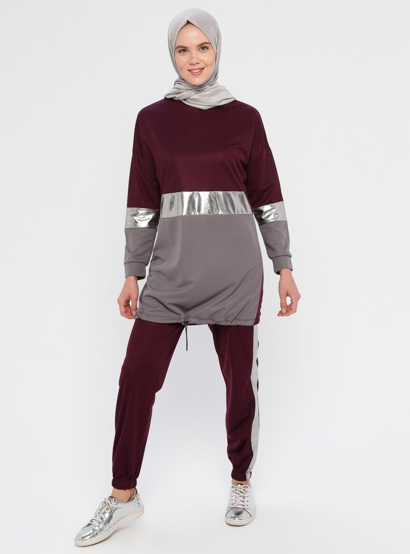La Giza Fashion Mürdüm Parlak Şeritli Tunik&amp;Pantolon İkili Takım