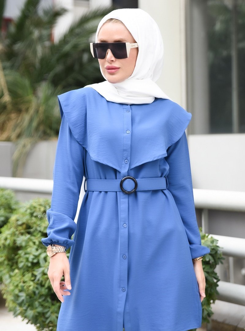 Por La Cara İndigo Beli Kemerli Pelerinli Aerobin Tunik