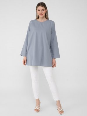 Buzul Mavi Büyük Beden Doğal Kumaşlı Sade Tunik