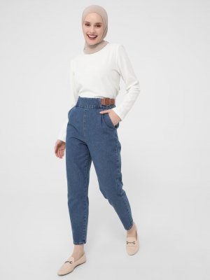 İndigo Doğal Kumaşlı Kemerli Kot Pantolon İndigo Doğal Kumaşlı Kemerli Kot Pantolon