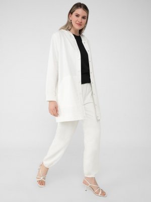 Ekru Büyük Beden Kapüşonlu Çıtçıtlı Kap