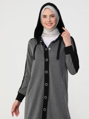 Antrasit Önden Düğmeli Kapüşonlu Spor Kap