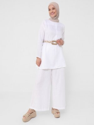 Beyaz Keten Pileli Pantolon Etek Beyaz Keten Pileli Pantolon Etek