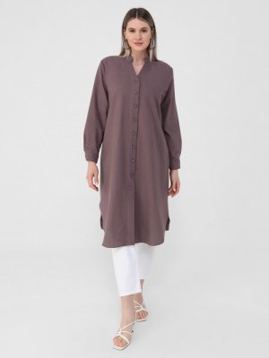 Soğuk Mor Büyük Beden Boydan Düğmeli Gömlek Tunik