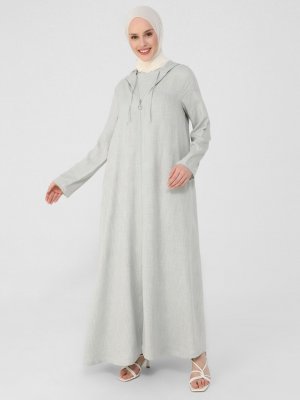 Gri Keten Görünümlü Gizli Cepli Kapüşonlu Ferace