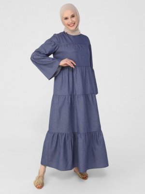 Mavi Denim Görünümlü Rahat Kesim Elbise