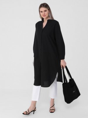 Siyah Büyük Beden Boydan Düğmeli Gömlek Tunik