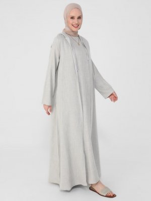 Su Yeşili Keten Görünümlü Gizli Cepli Kapüşonlu Ferace