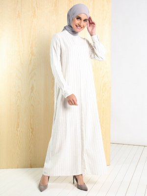 Haki Pamuk Keten Gizli Düğmeli Çizgili Ferace