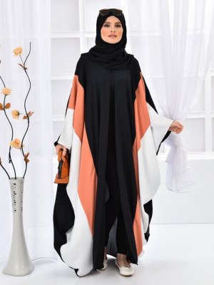Siyah Kiremit Üç Renkli Önü Açık Ferace Elbise