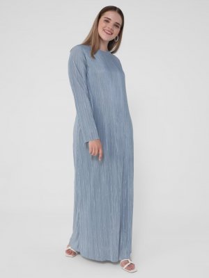 Buzul Mavi Büyük Beden Pileli Elbise Buzul Mavi Büyük Beden Pileli Elbise