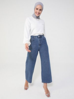 İndigo Geniş Paça Doğal Kumaşlı Kot Pantolon İndigo Geniş Paça Doğal Kumaşlı Kot Pantolon