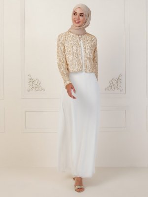 Ekru Ceketli Kolsuz Abiye Elbise