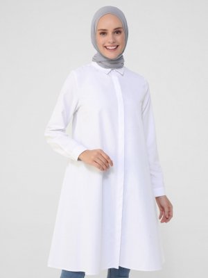 Beyaz Gizli Patlı Oversize Pamuklu Tunik
