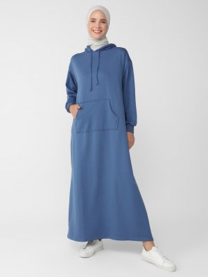 Açık Lacivert Kanguru Cepli Kapüşonlu Elbise