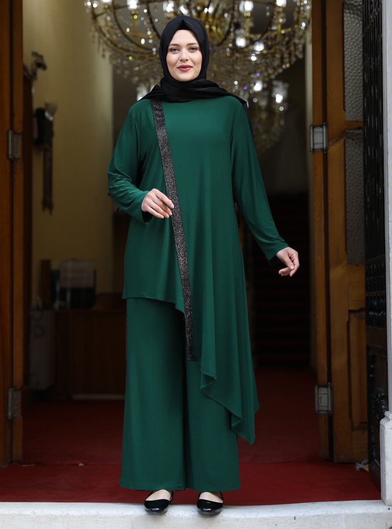 Amine Hüma Zümrüt Sim Şeritli Tunik&amp;Pantolon İkili Takım
