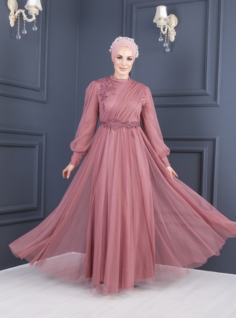 Sew&amp;Design Gül Kurusu Aplikeli Tül Kloş Abiye Elbise