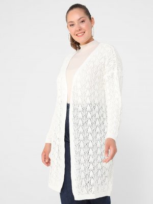 Ekru Büyük Beden Örgülü Triko Hırka