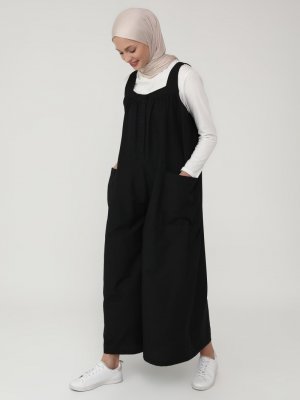 Siyah Kalın Askılı Düğme Ve Cep Detaylı Salaş Tulum