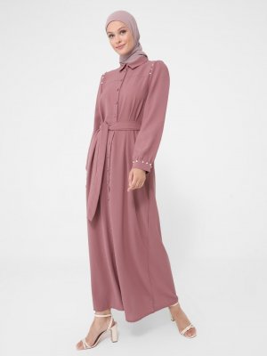 Gül Kurusu Kuşaklı İnci Detaylı Elbise