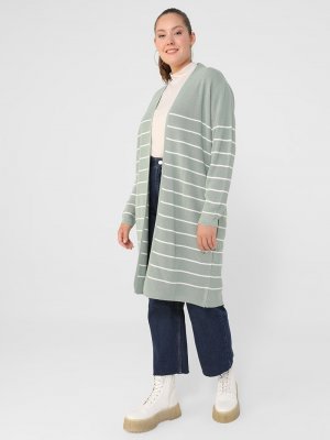 Su Yeşili Ekru Büyük Beden Çizgili Triko Hırka