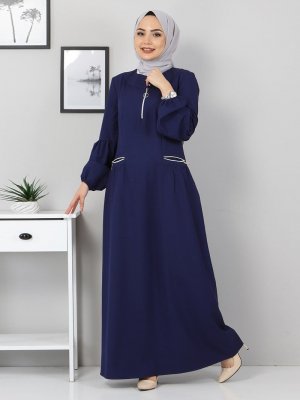 İndigo Fermuar Detaylı Elbise