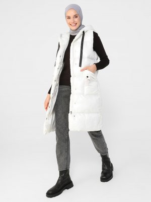 Off White Kapüşonlu Elyaf Dolgulu Yelek