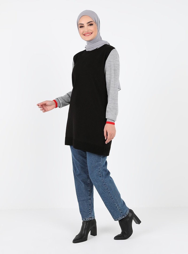 Tavin Siyah Bisiklet Yaka Kol Ucu Renk Detaylı Color Blok Triko Tunik