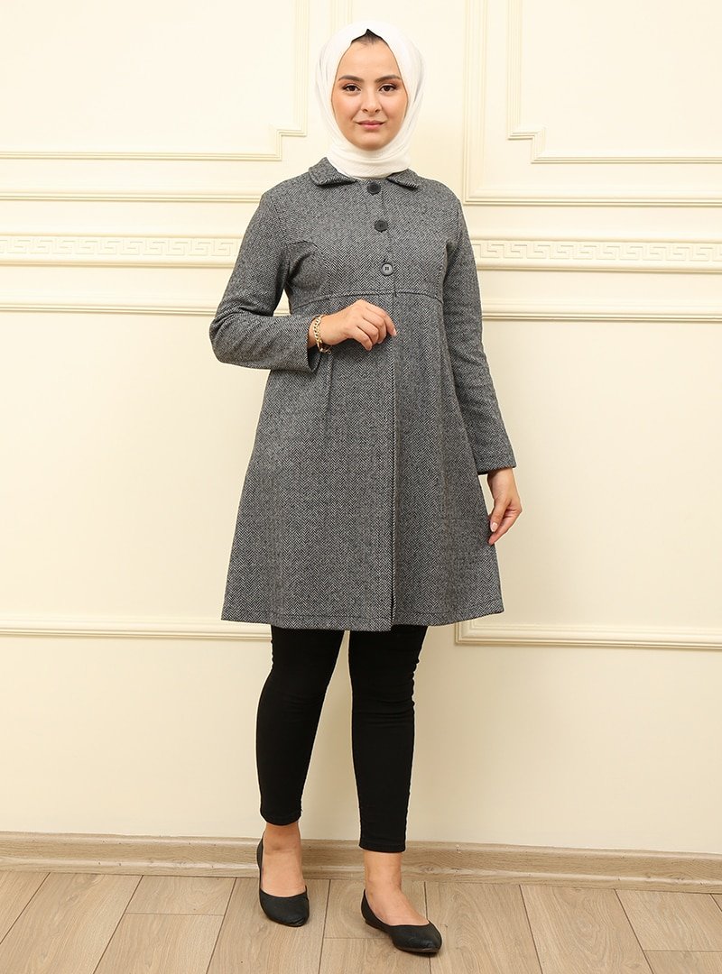 Moda Dua Gri Kolları Düz Önü Düğmeli Kap