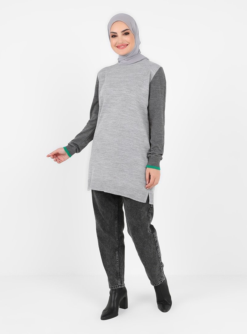 Tavin Antrasit Bisiklet Yaka Kol Ucu Renk Detaylı Color Blok Triko Tunik