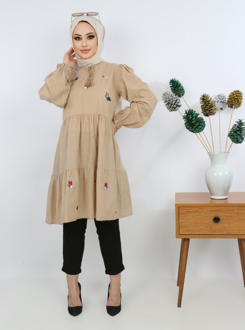 Pink Lady`s Bej Kelebek Nakışlı İpli Katlı Tunik