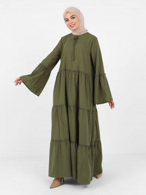 Haki Yakası Fiyonk Detaylı Katlı Elbise