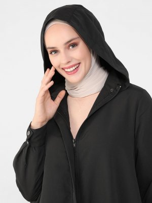 Siyah Çıkarılabilir Kapüşonlu Trençkot