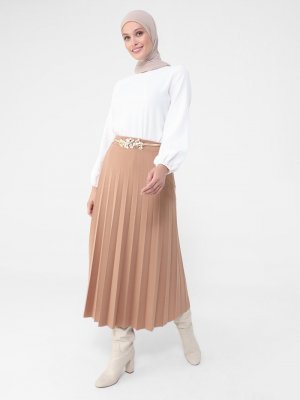 Bej Astarlı Piliseli Etek