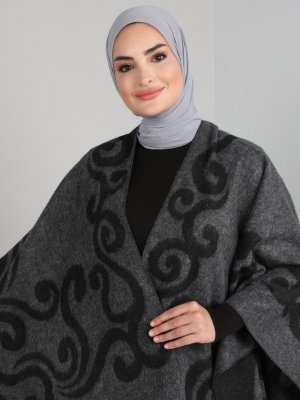 Antrasit Siyah Çift Yönlü Püsküllü Panço