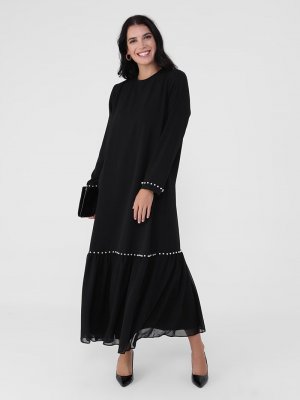 Siyah Büyük Beden İnci Detaylı Elbise Siyah Büyük Beden İnci Detaylı Elbise