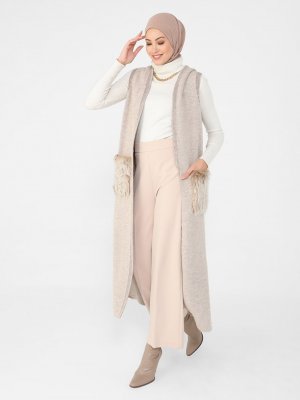 Vizon Cepleri Kürk Detaylı Triko Yelek