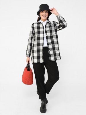 Siyah Gri Büyük Beden Ekose Desenli Yünlü Ceket