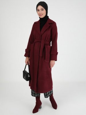 Bordo Kemerli Kaşe Kaban