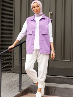 Lila Kapak Cepli Gabardin Yelek Lila Kapak Cepli Gabardin Yelek