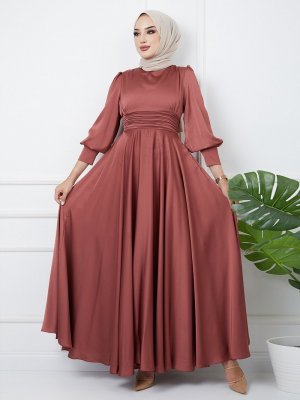 Gül Kurusu Beli Pilise Detaylı Kuşaklı Abiye Elbise