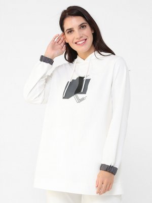 Ekru Büyük Beden Baskılı Tunik