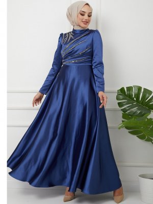 İndigo Önü Volan Ve Taş Detaylı Saten Abiye Elbise
