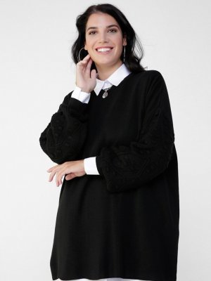 Siyah Büyük Beden Ponponlu Triko Tunik Siyah Büyük Beden Ponponlu Triko Tunik