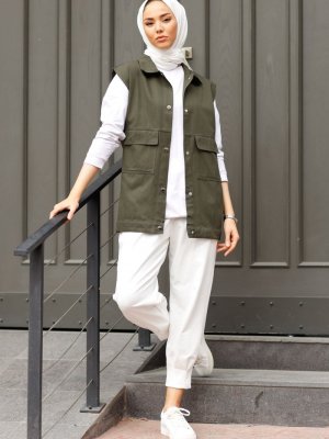 Haki Kapak Cepli Gabardin Yelek