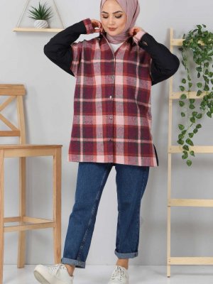 Kapitone Detaylı Ekose Ceket Mürdüm