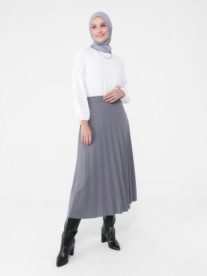 Gri Astarlı Piliseli Etek