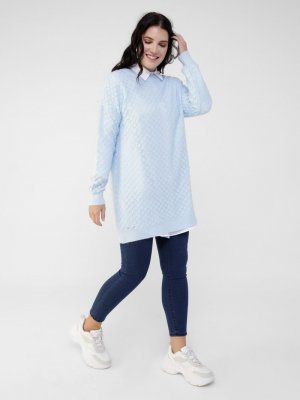 Bebe Mavisi Büyük Beden Kendinden Desenli Triko Tunik Bebe Mavisi Büyük Beden Kendinden Desenli Triko Tunik