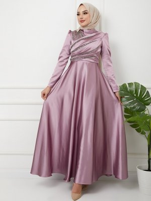 Koyu Lila Önü Volan Ve Taş Detaylı Saten Abiye Elbise